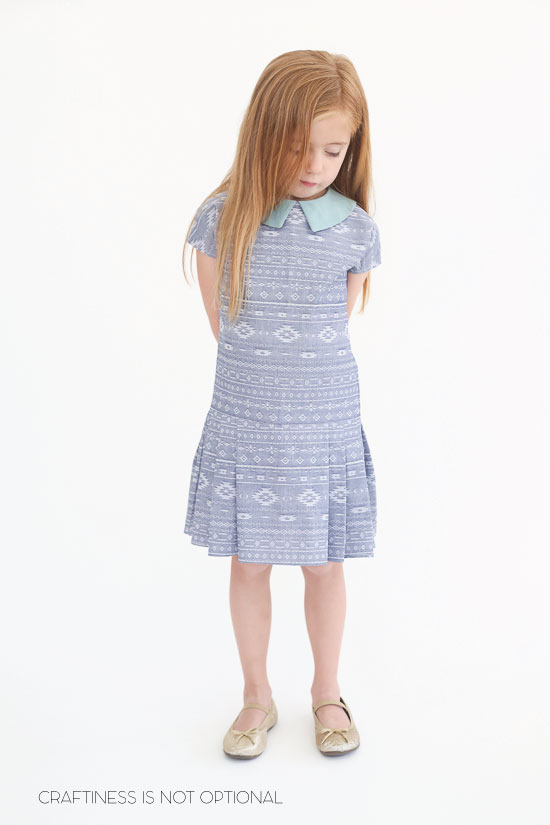 The Maren Dress Pattern for Sew What Club! Stylish dropwaist dress with an adorable collar and pleated skirt!