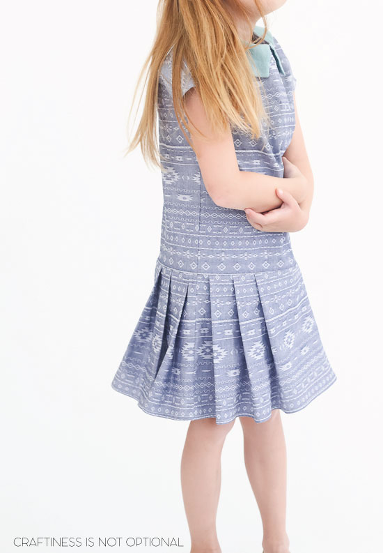 The Maren Dress Pattern for Sew What Club! Stylish dropwaist dress with an adorable collar and pleated skirt!